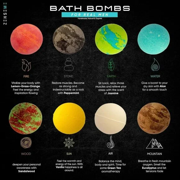 Bath Bombs for Men, Gift Set of 8 Scented Organic Handmade Bath Bombs of 2.5 oz - Picture 2 of 8